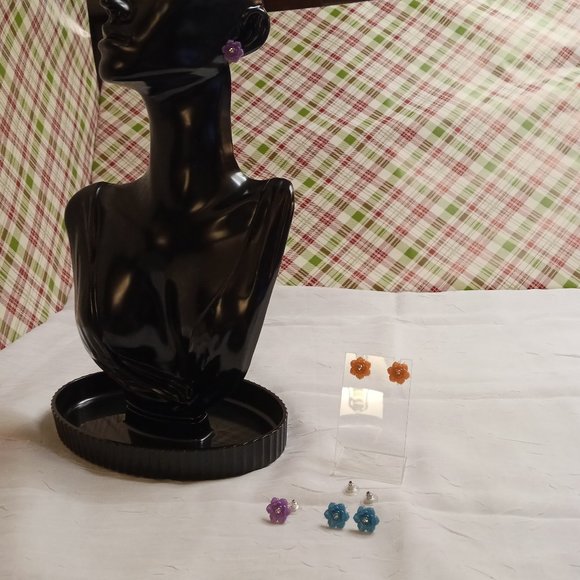 Three Pair Steel Handmade Hand Crafted Resin Flower Stud Earrings Jewelry #51 - Picture 5 of 14